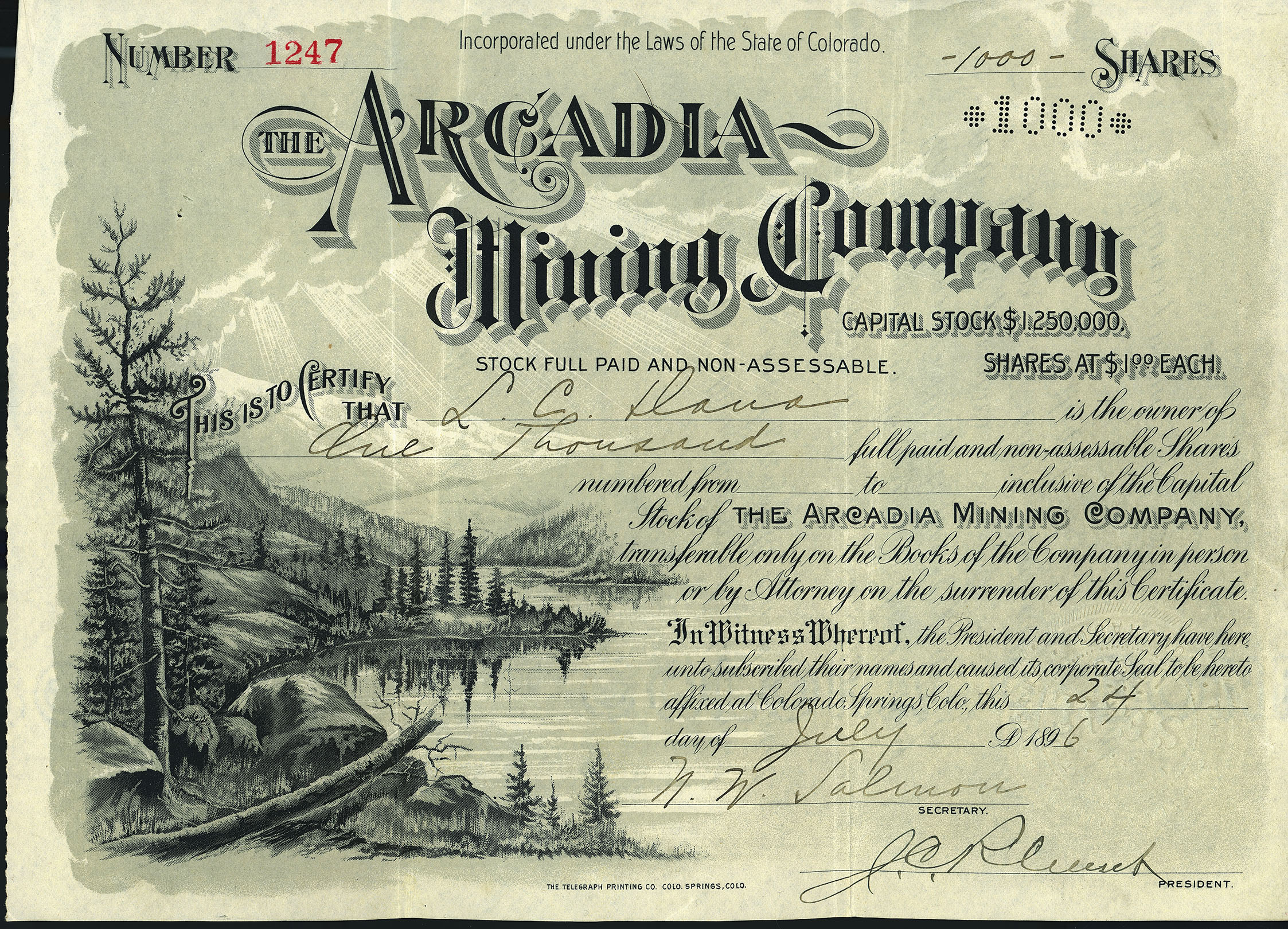 ARCADIA MINING COMPANY stock certificate 1896