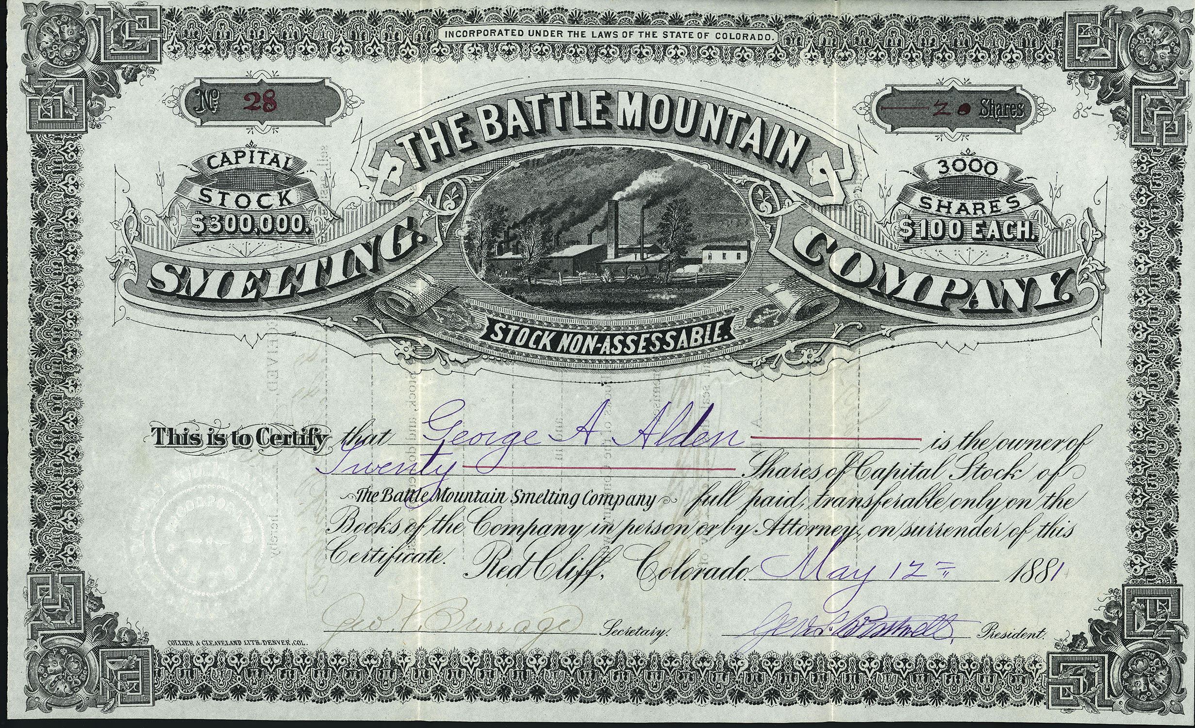 THE BATTLE MOUNTAIN SMELTING COMPANY mining stock certificate 1881