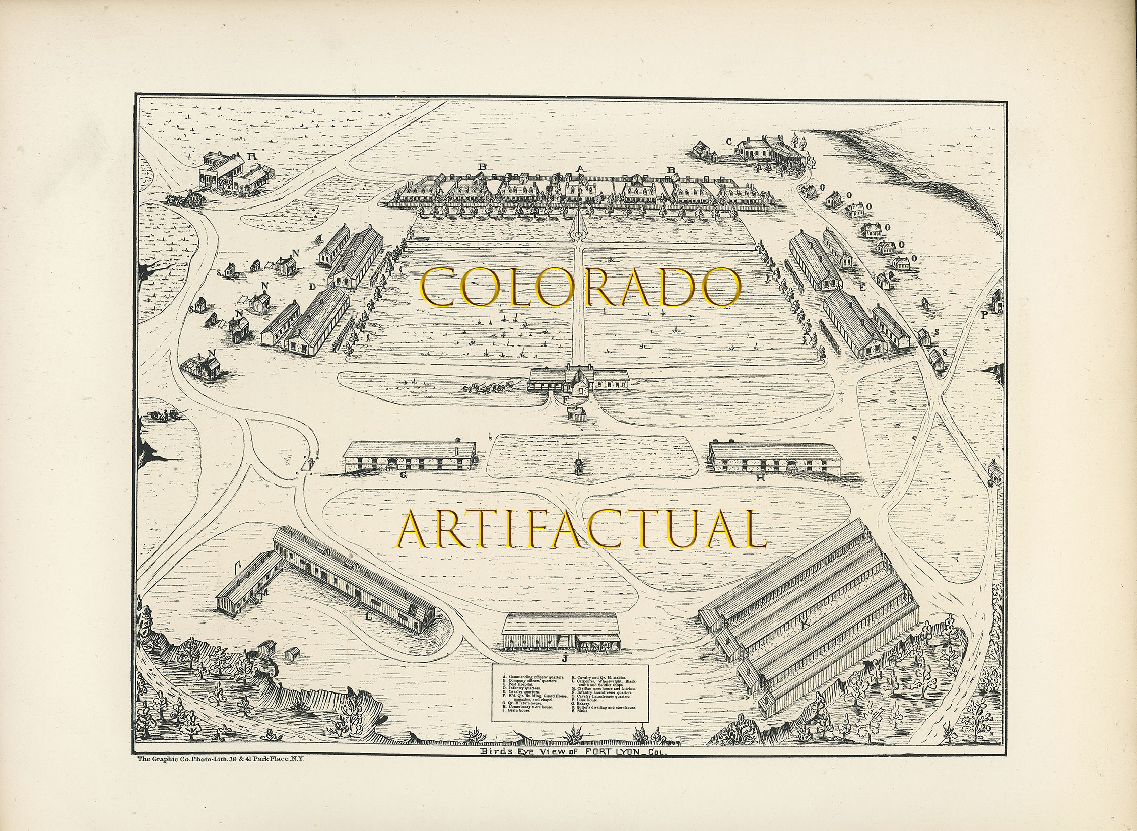 BIRD’S EYE VIEW MAP OF FORT LYON, COLORADO TERRITORY Circa 1868