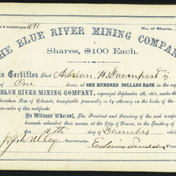 The Blue River Mining Company stock certificate, 1864; property near Breckenridge, Summit County, Colorado Territory