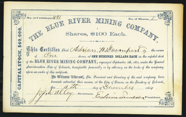 The Blue River Mining Company stock certificate, 1864; property near Breckenridge, Summit County, Colorado Territory
