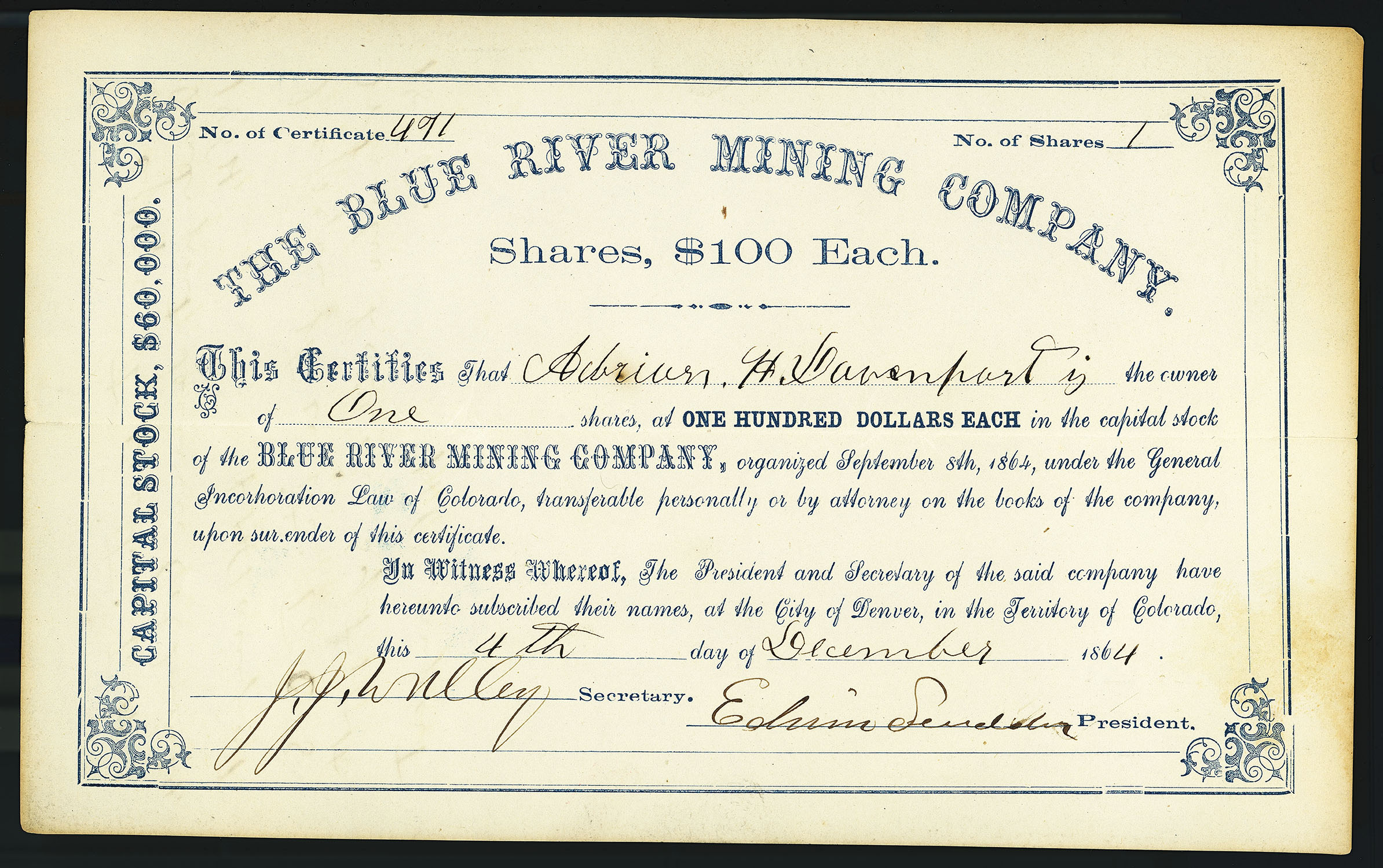 THE BLUE RIVER MINING COMPANY mining stock certificate 1964