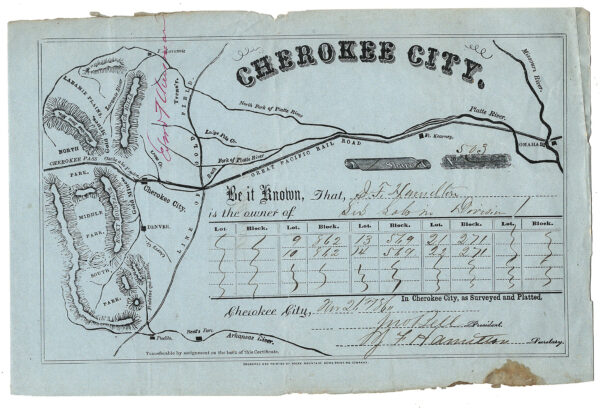 Cherokee City lot certificate with first printed map of Colorado (Kansas Territory), 1861