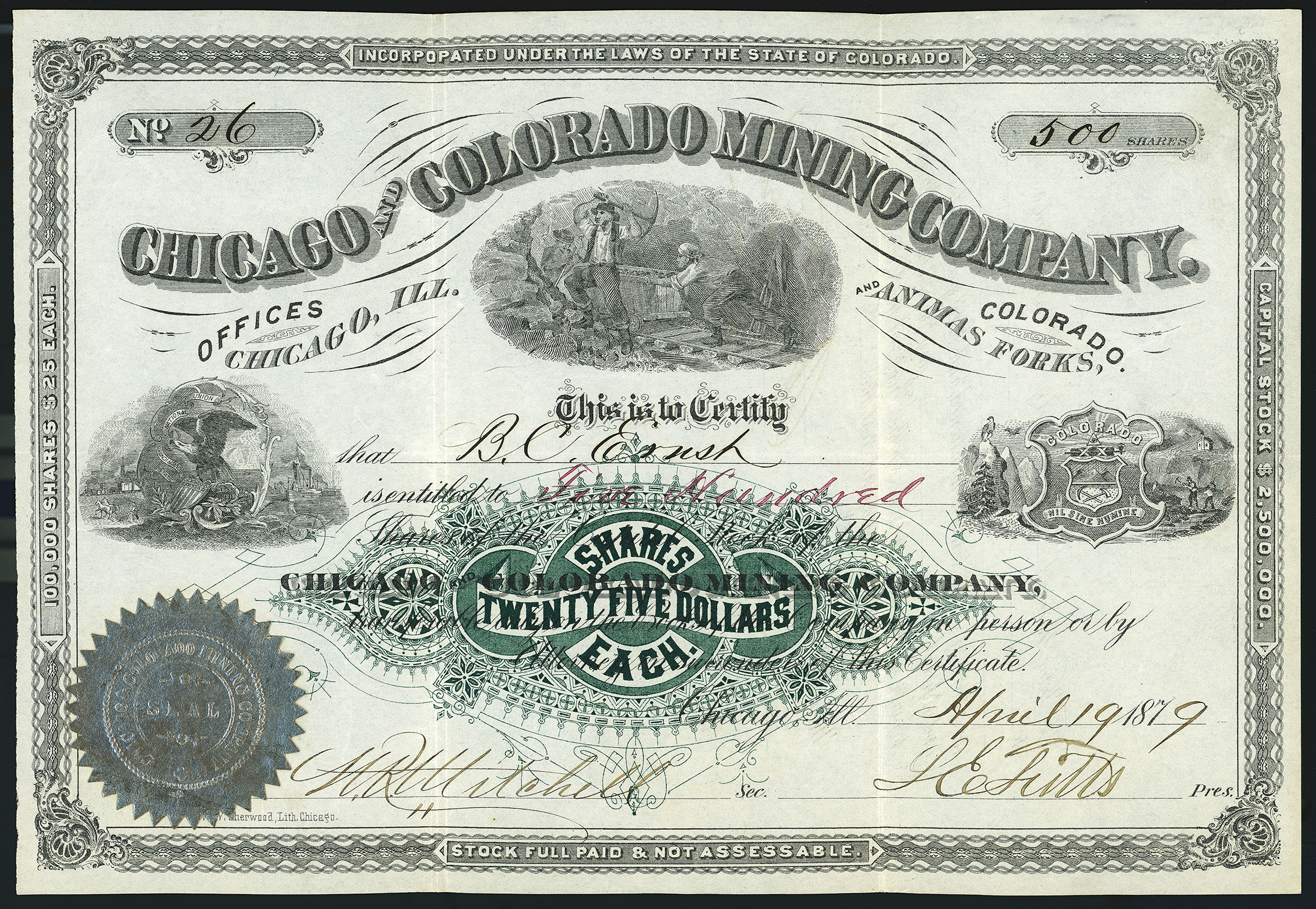 CHICAGO & COLORADO MINING COMPANY mining stock certificate 1879