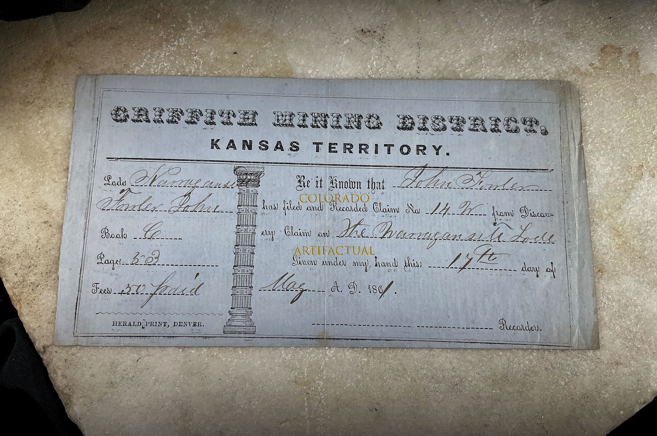 GRIFFITH MINING DISTRICT, KANSAS TERRITORY Mining Claim Certificate, 1861