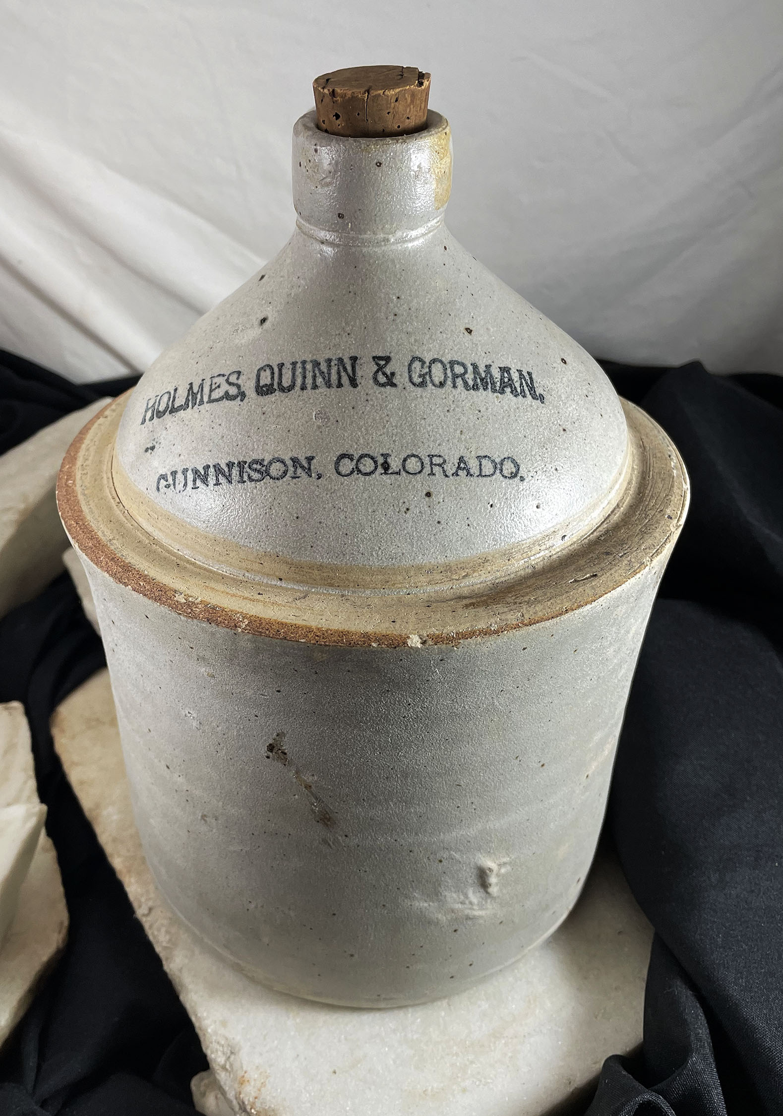 HOLMES, QUINN & GORMAN whiskey jug, Gunnison, Colorado, 1899
