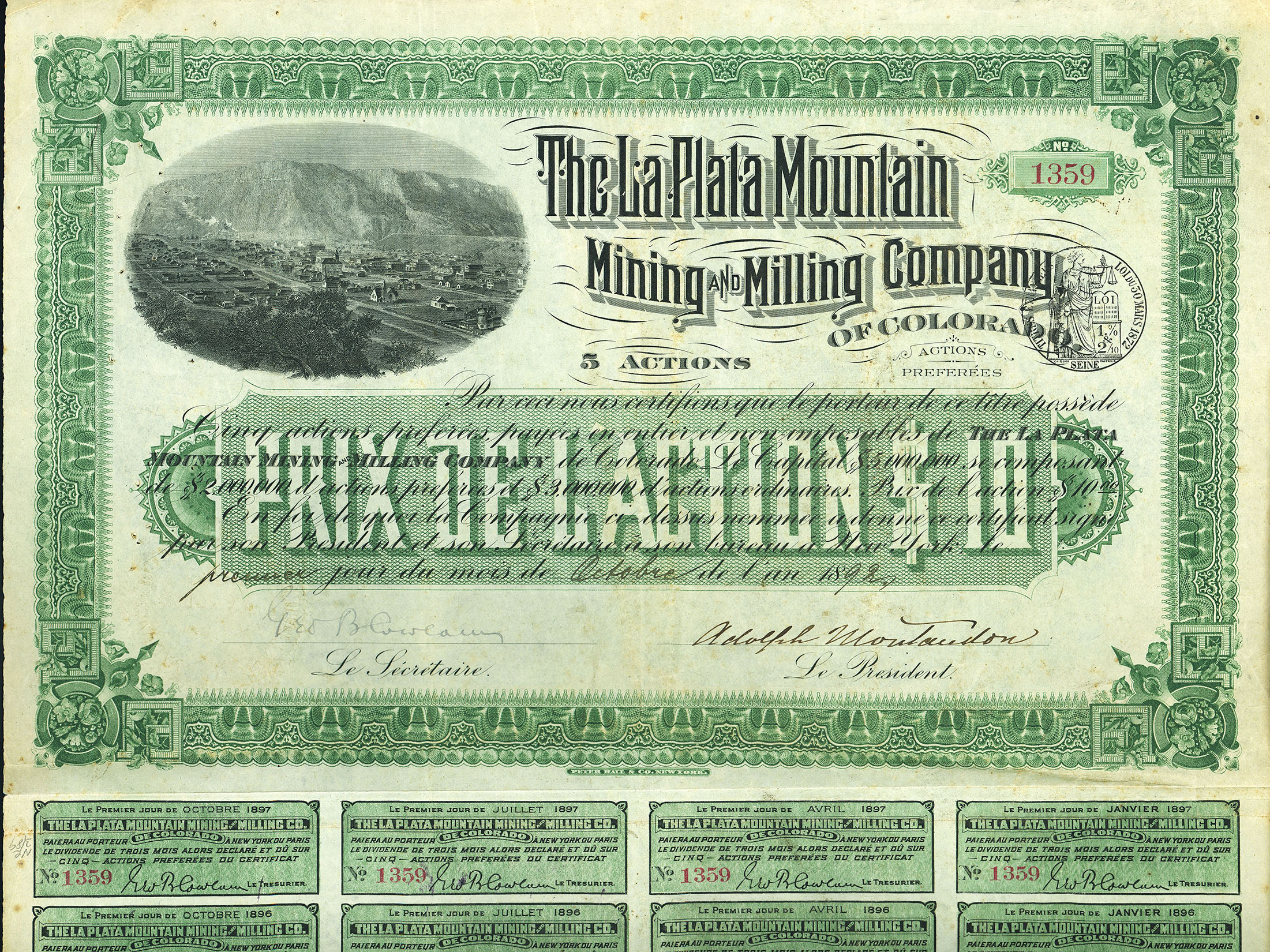 LA PLATA MOUNTAIN MINING COMPANY COLORADO stock certificate 1892