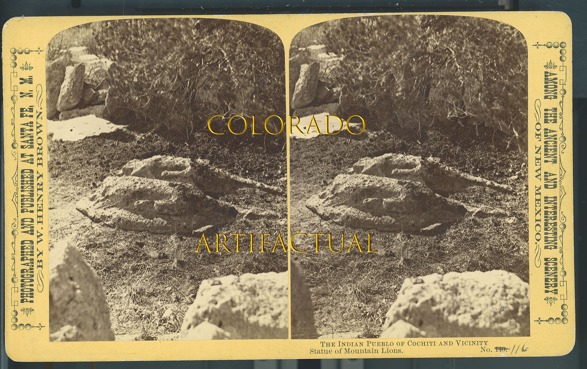INDIAN PUEBLO OF COCHITI & VICINITY, STATUE OF MOUNTAIN LIONS, NEW MEXICO TERRITORY, W. Henry Brown, Photographer #116, Stereoview