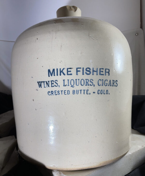 Mike Fisher, Crested Butte, Colorado saloon whiskey jug, 1905