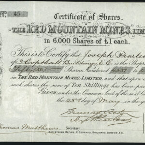 THE RED MOUNTAIN MINES, Limited, Stock certificate #45, Ouray County, Colorado, 1881