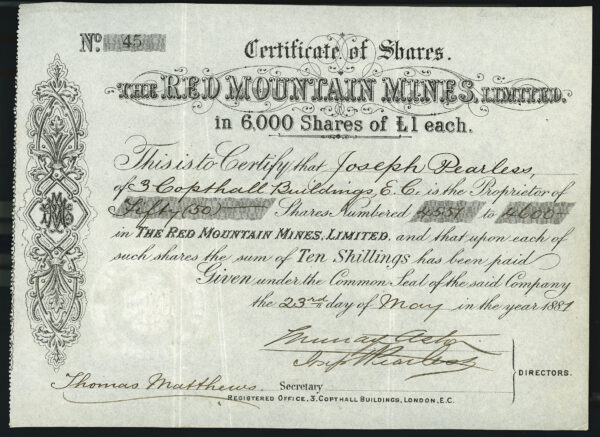 THE RED MOUNTAIN MINES, Limited, Stock certificate #45, Ouray County, Colorado, 1881