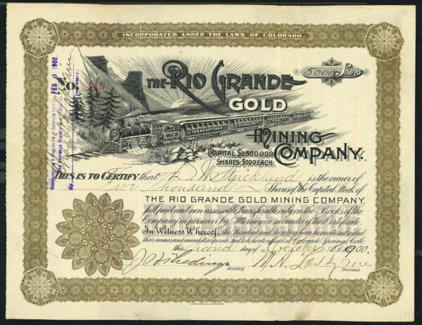 Rio Grande Gold Mining Company stock certificate, Cripple Creek, Colorado, 1900