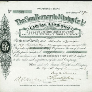 San Bernardo Mining Co., Ltd., mining stock certificate, 1894