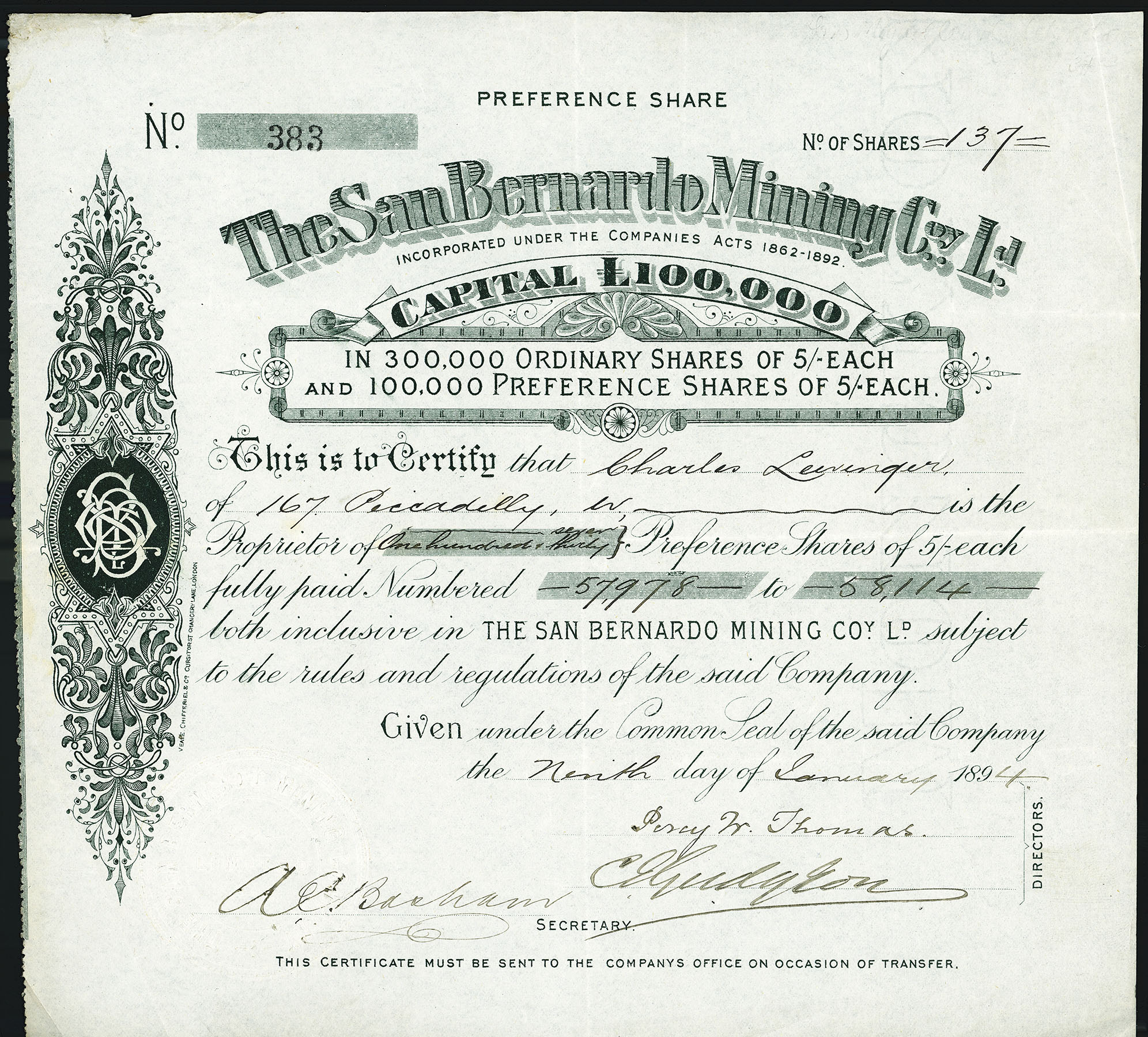 THE SAN BERNARDO MINING COMPANY, LIMITED, stock certificate, 1894