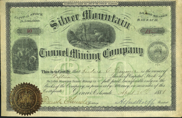 SILVER MOUNTAIN TUNNEL MINING COMPANY stock certificate #40, Ouray, Colorado, 1881