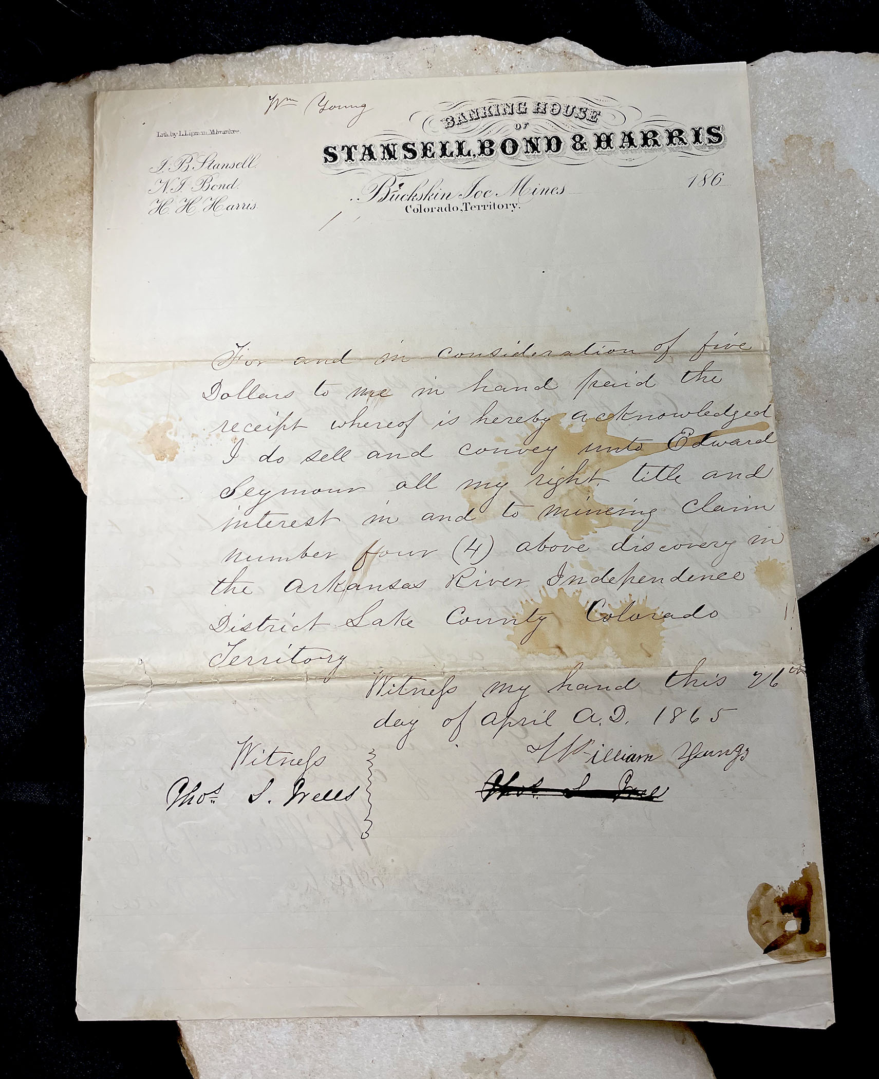 BUCKSKIN JOE, MINES, COLORADO TERRITORY, BANKING HOUSE OF STANSELL, BOND & HARRIS Letterhead 1865