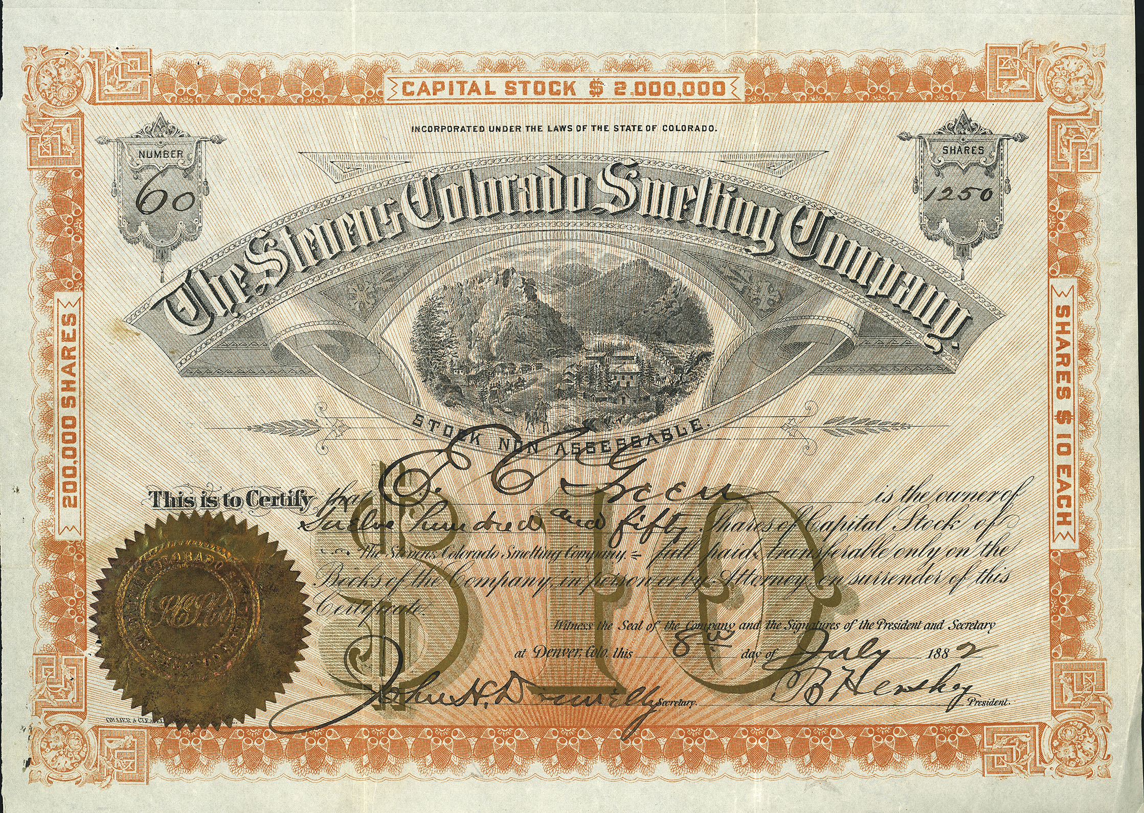 STEVENS COLORADO SMELTING COMPANY, mining stock certificate, 1882