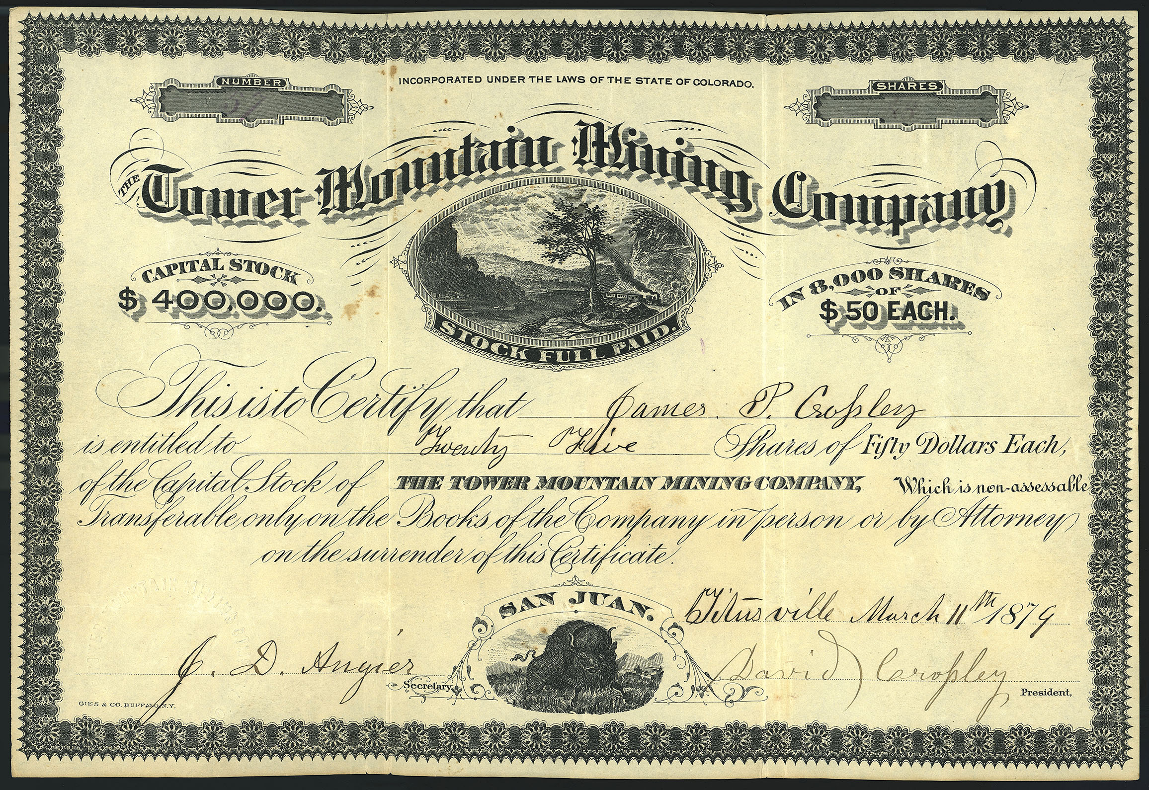 TOWER MOUNTAIN MINING COMPANY stock certificate, 1879