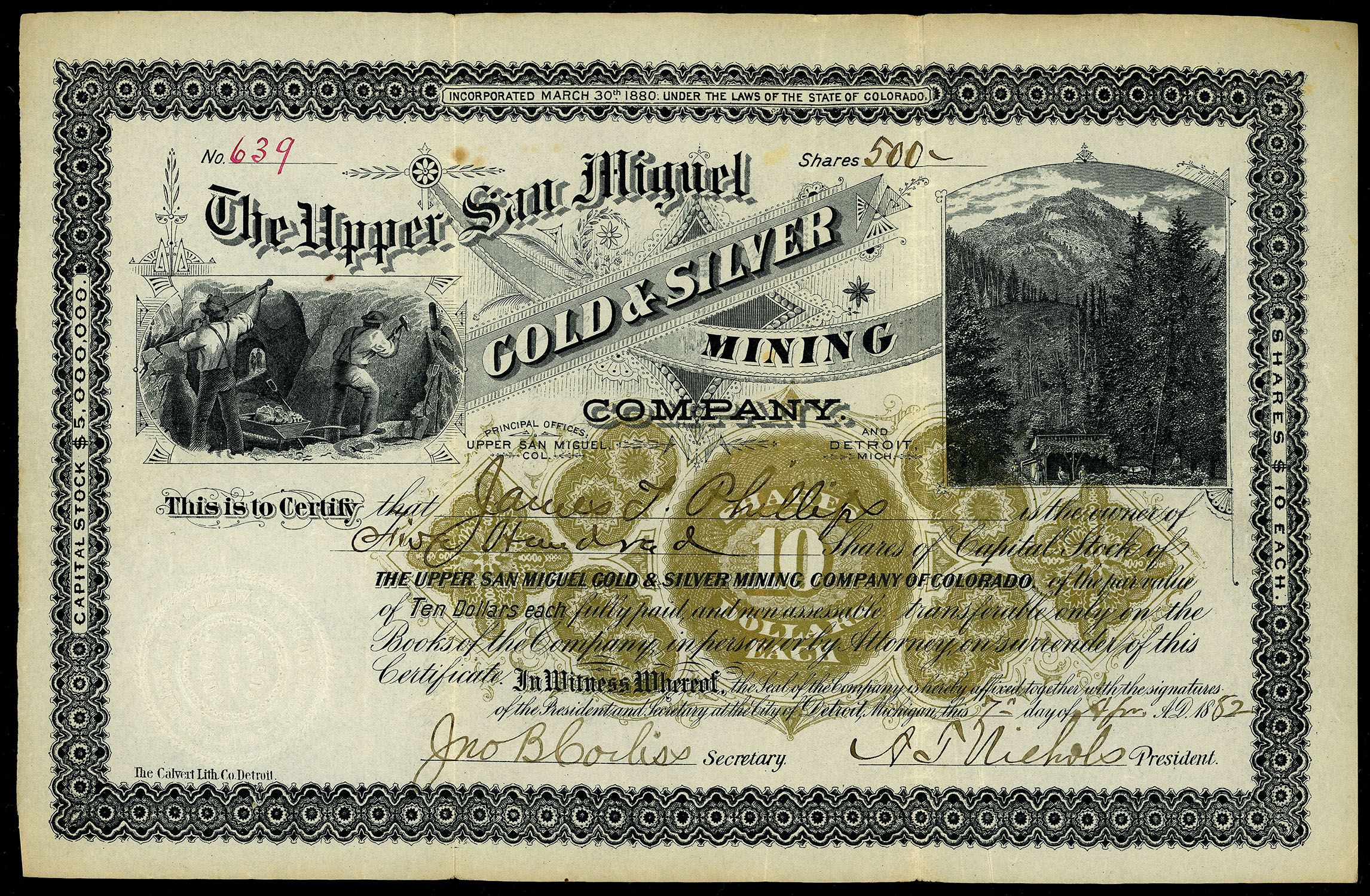UPPER SAN MIGUEL GOLD & SILVER MINING COMPANY mining stock certificate 1882
