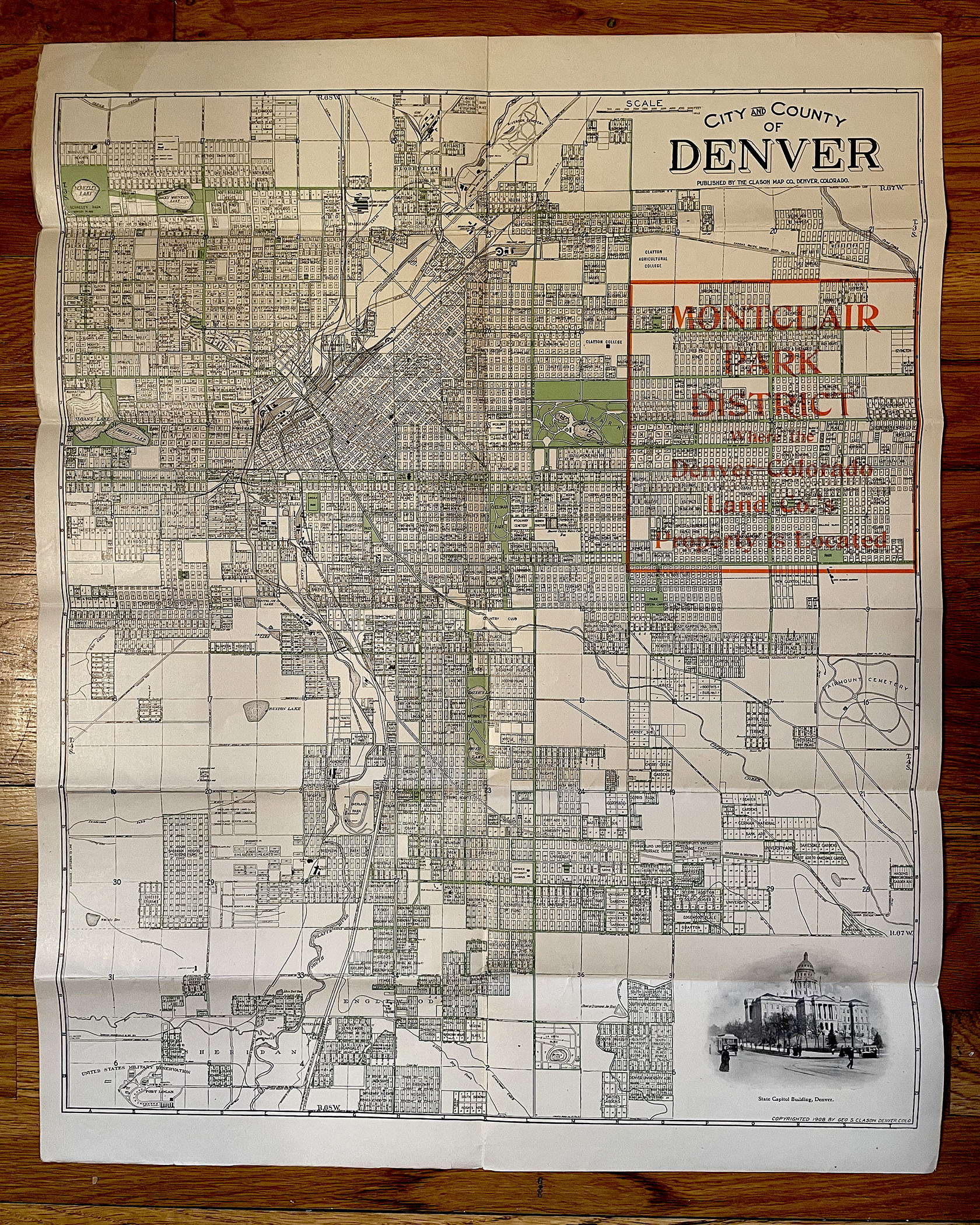 MAP OF THE CITY AND COUNTY OF DENVER COLORADO 1908 COLORADO ARTIFACTUAL