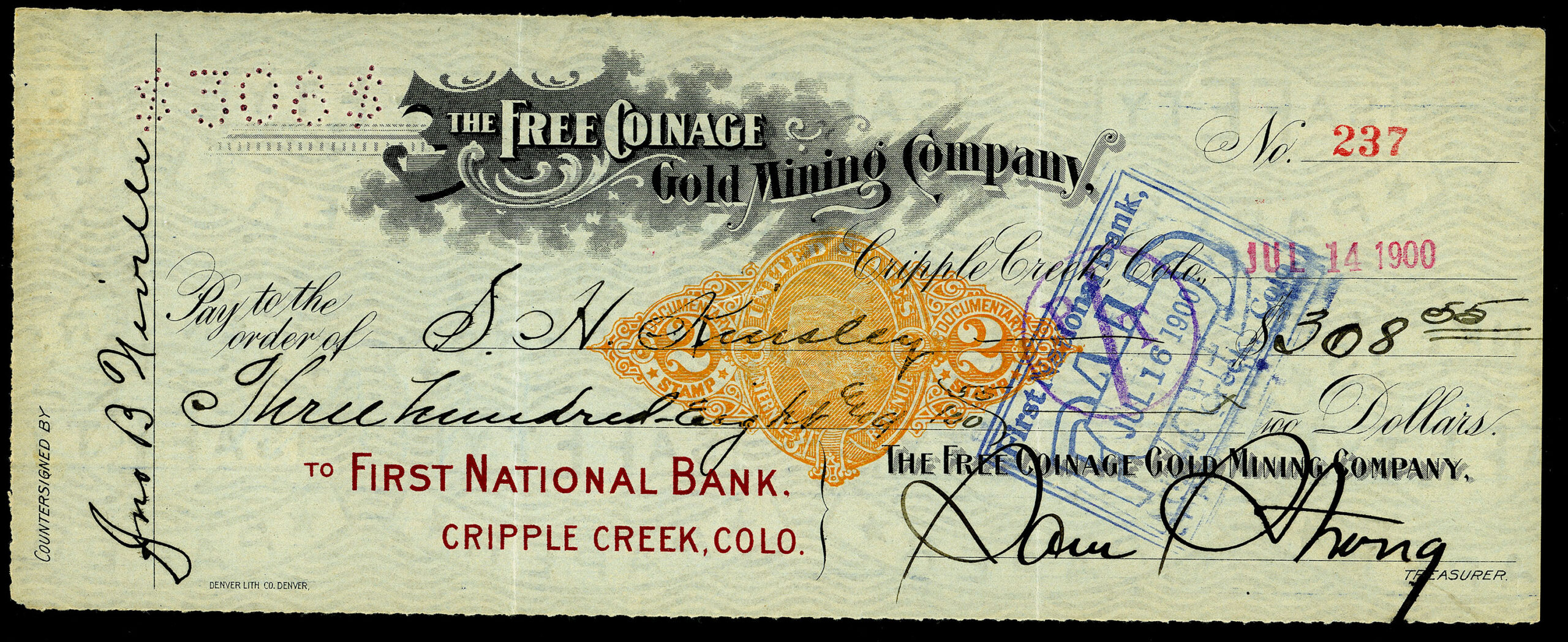 THE FREE COINAGE GOLD MINING COMPANY, Cripple Creek, Colorado, Sam Strong signed bank check, 1900, revenue imprint RN-X7