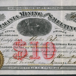 THE GERMANIA MINING & SMELTING COMPANY, Uncompahgre Mining District, Ouray, County, COLORADO, Stock Certificate #638, issued 1882