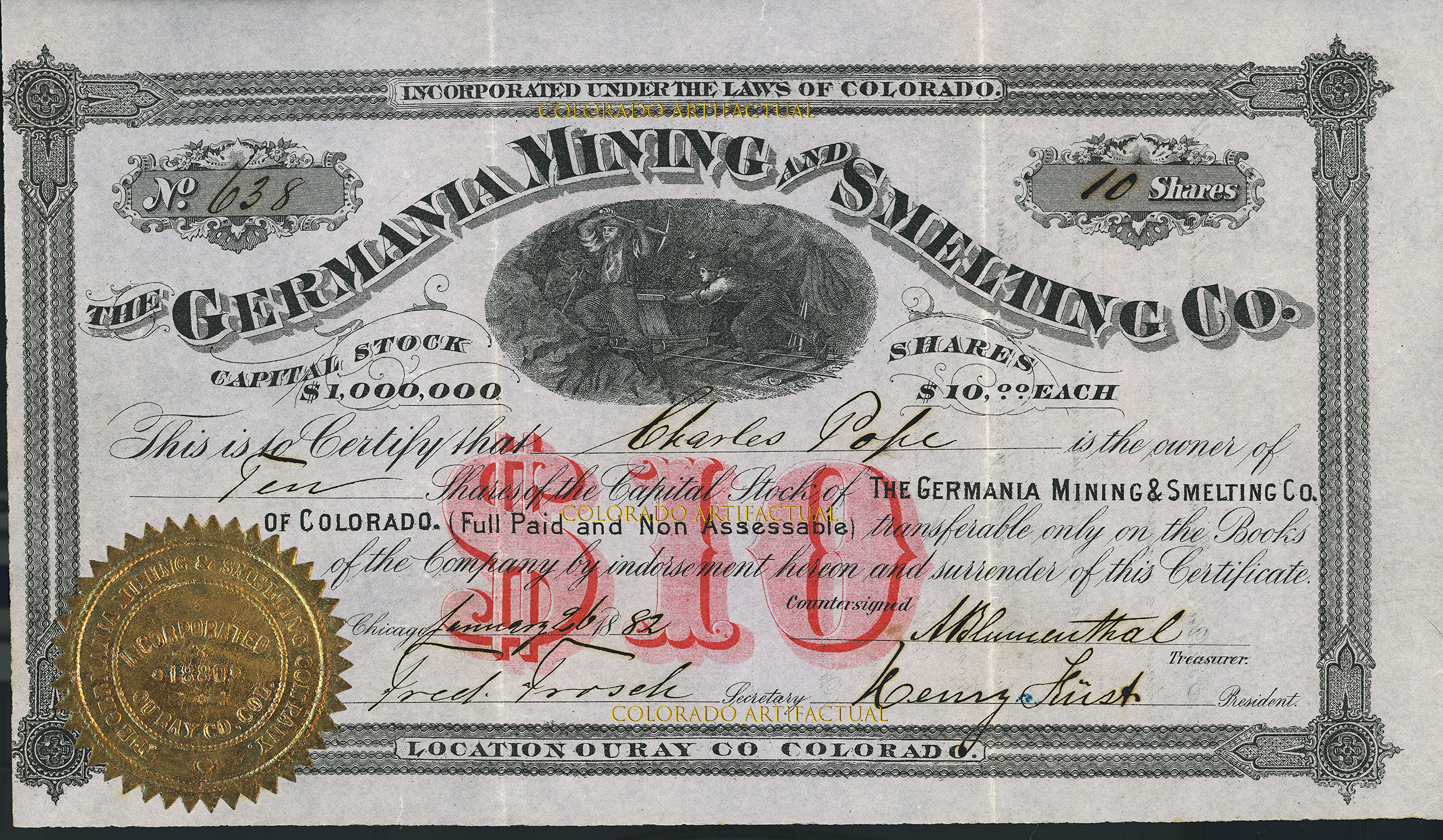 THE GERMANIA MINING & SMELTING COMPANY, Uncompahgre Mining District, Ouray, County, COLORADO, Stock Certificate #638, issued 1882