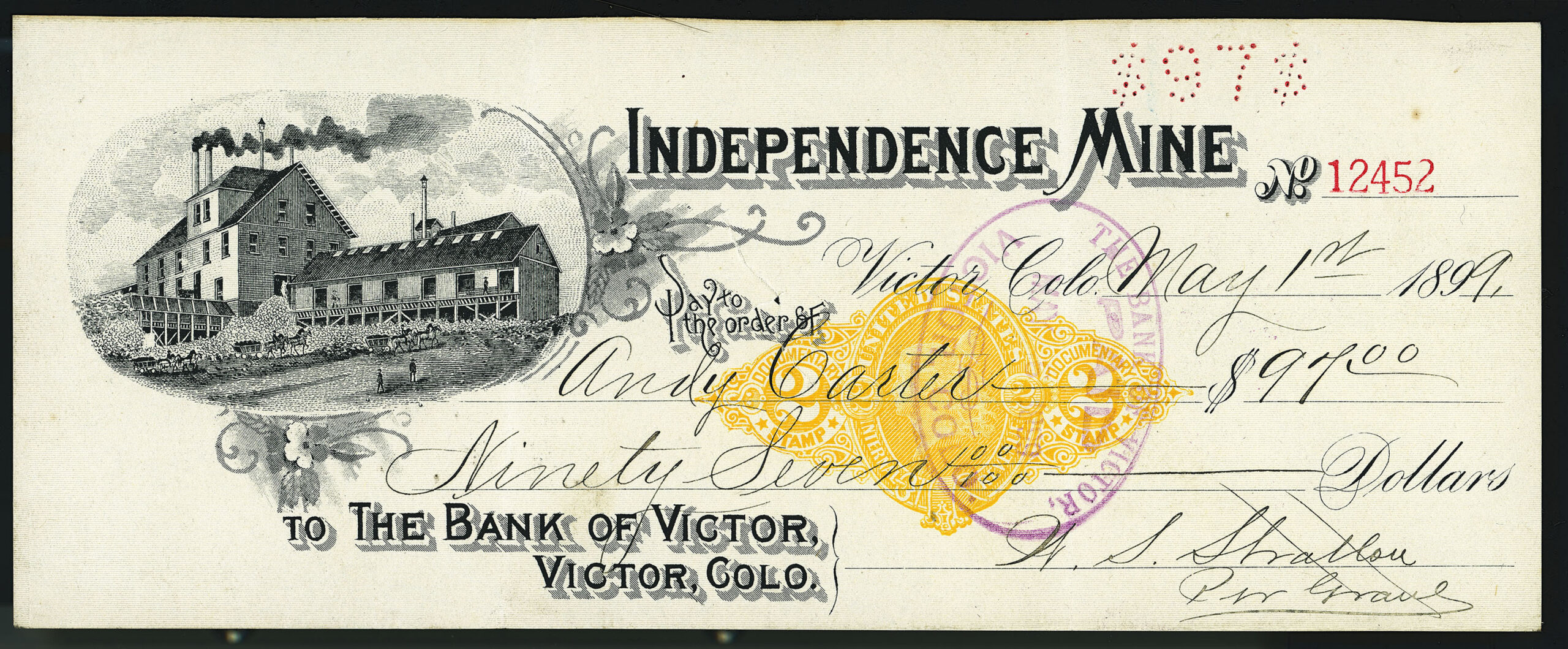 INDEPENDENCE MINE, Bank of Victor, Victor, Colorado, Revenue-imprinted RN-X7 check, W. S. Stratton owned gold mine, 1899
