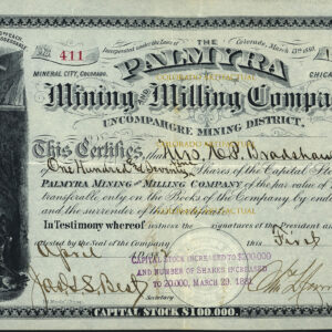 THE PALMYRA MINING & MILLING COMPANY, Mineral Mountain, San Juan, County, COLORADO, #411, mining stock certificate, issued 1882