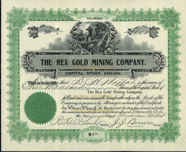 THE REX GOLD MINING COMPANY, Leadville, Lake County, COLORADO, Signed by JOHN JOSEPH BROWN, Stock Certificate #50, Issued 1894