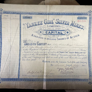 YANKEE GIRL SILVER MINES, LIMITED Mining Stock Certificate #2743, Red Mountain Mining District, Ouray County, Colorado, 1891