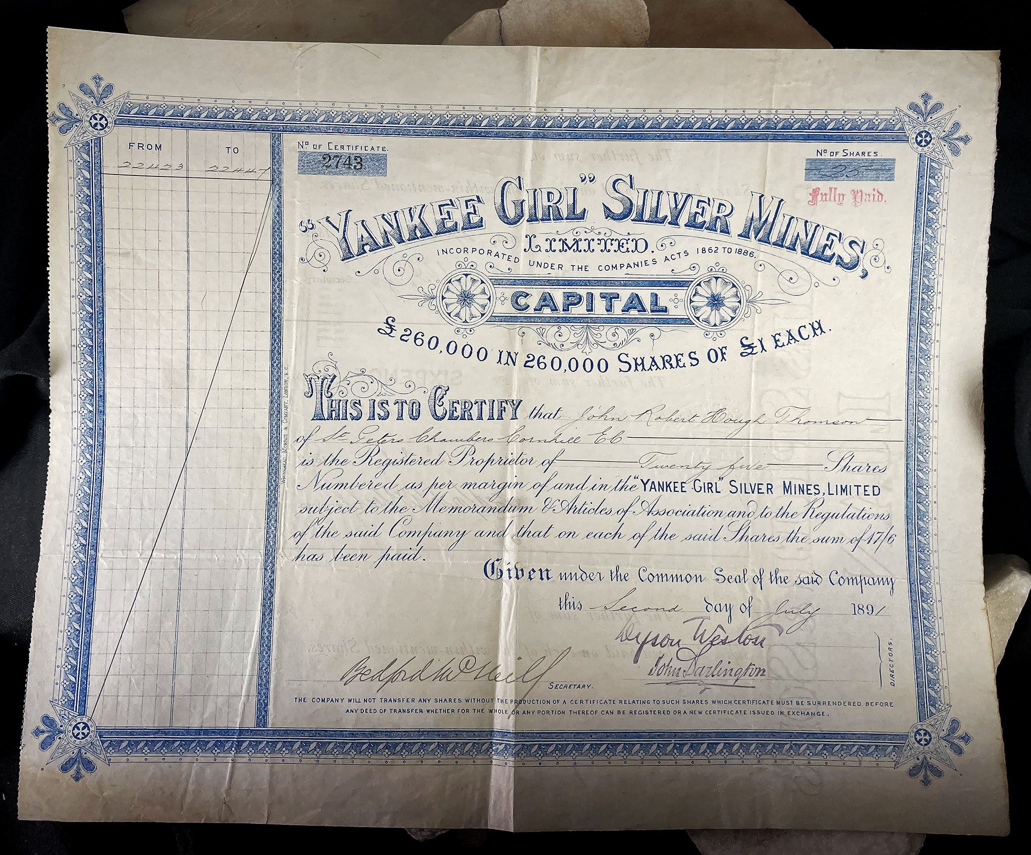 YANKEE GIRL SILVER MINES LIMITED Mining Stock Certificate Red Mountain Mining District Colorado 1891