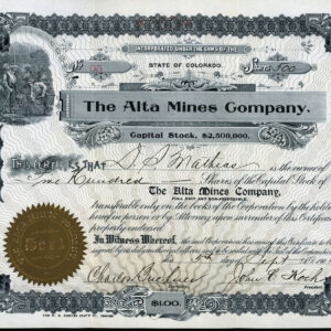 ALTA MINES COMPANY mining stock certificate San Miguel County Colorado 1901