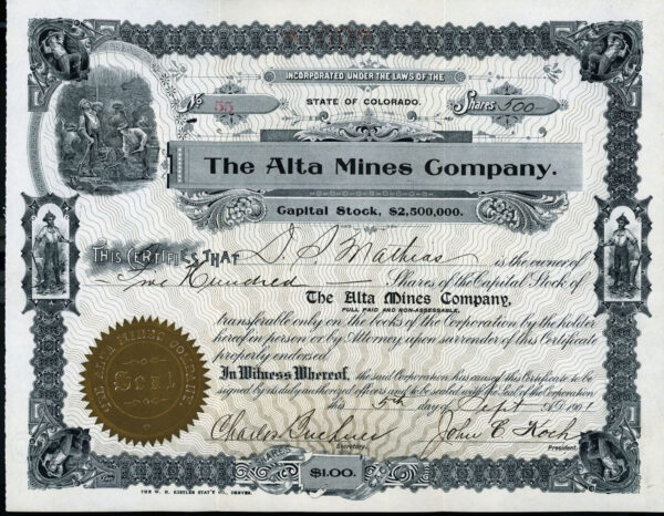 ALTA MINES COMPANY mining stock certificate San Miguel County Colorado 1901