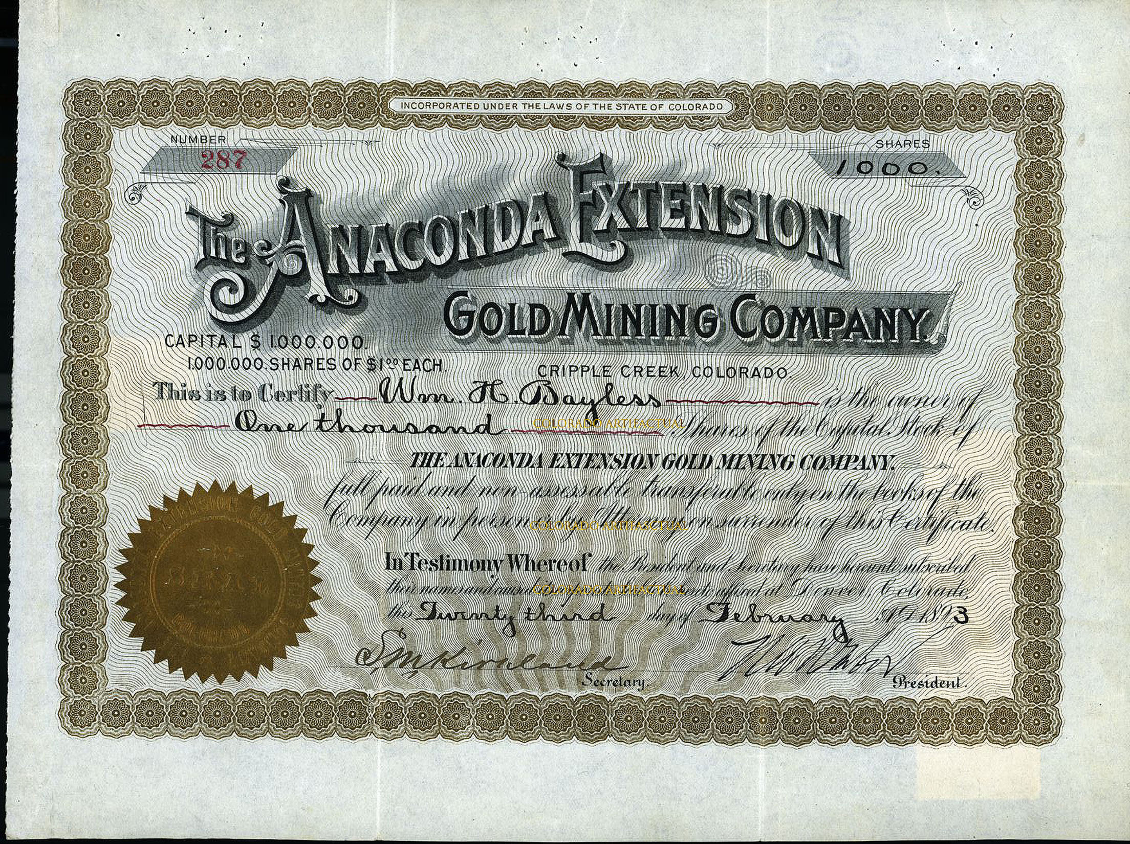 ANACONDA EXTENSION GOLD MINING COMPANY Colorado stock certificate signed H. A. W. TABOR 1893