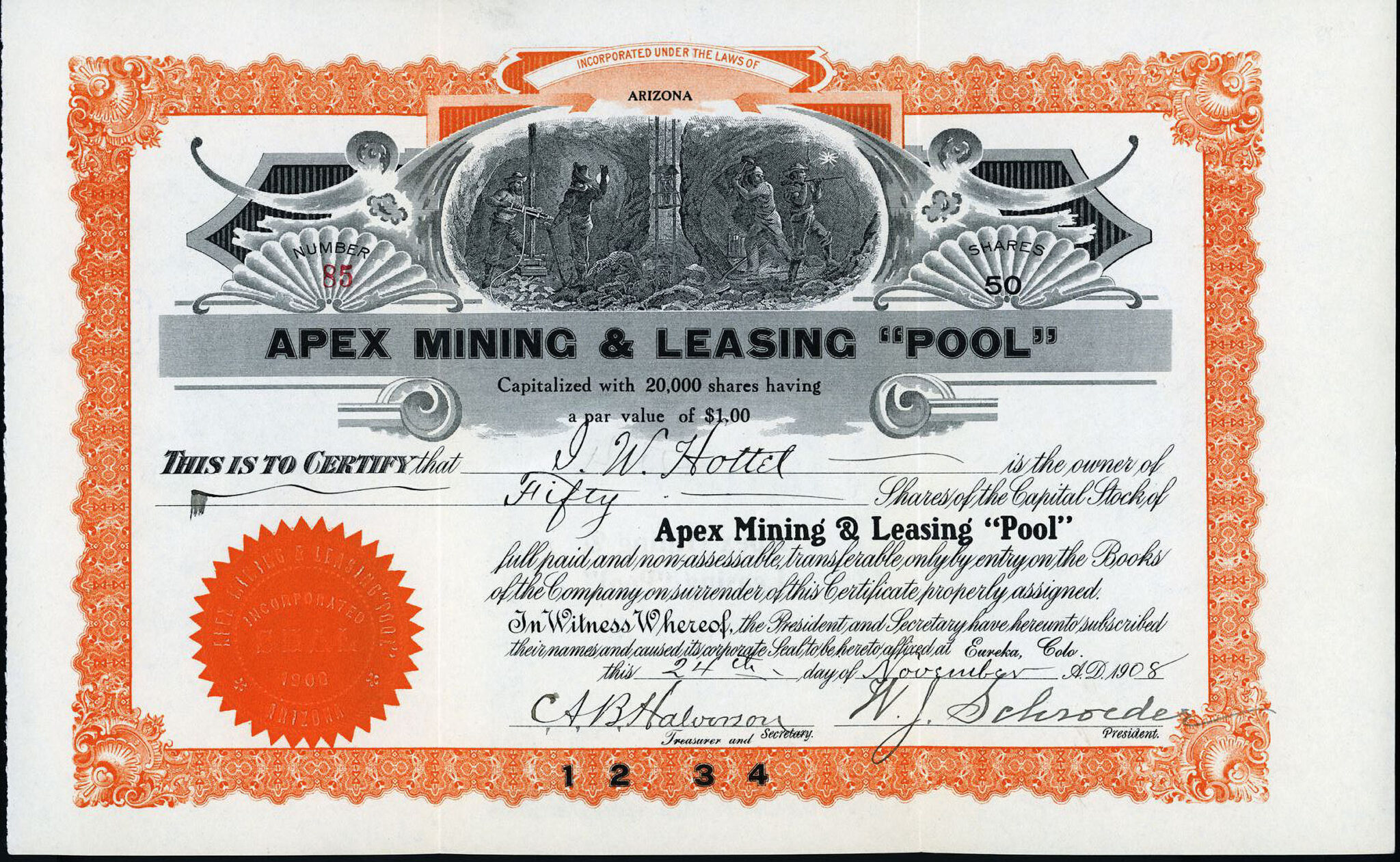 Apex Mining & Leasing Pool, Eureka Minming District, San Juan County Colorado stock certificate 1908