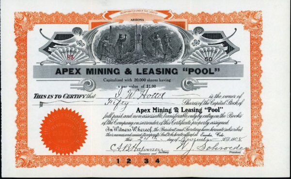 Apex Mining & Leasing Pool San Juan County Colorado stock certificate, Eureka District, 1908