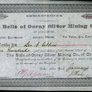 BELLE OF OURAY SILVER MINING COMPANY Colorado mining stock certificate 1883