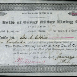 BELLE OF OURAY SILVER MINING COMPANY Colorado mining stock certificate 1883