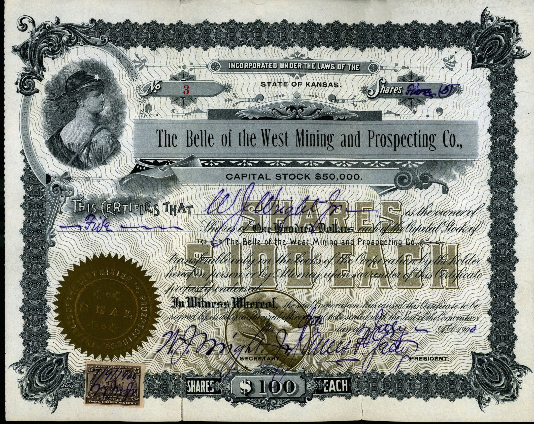 BELLE OF THE WEST MINING & PROSPECTING COMPANY Lake City Hinsdale County Colorado stock certificate 1900