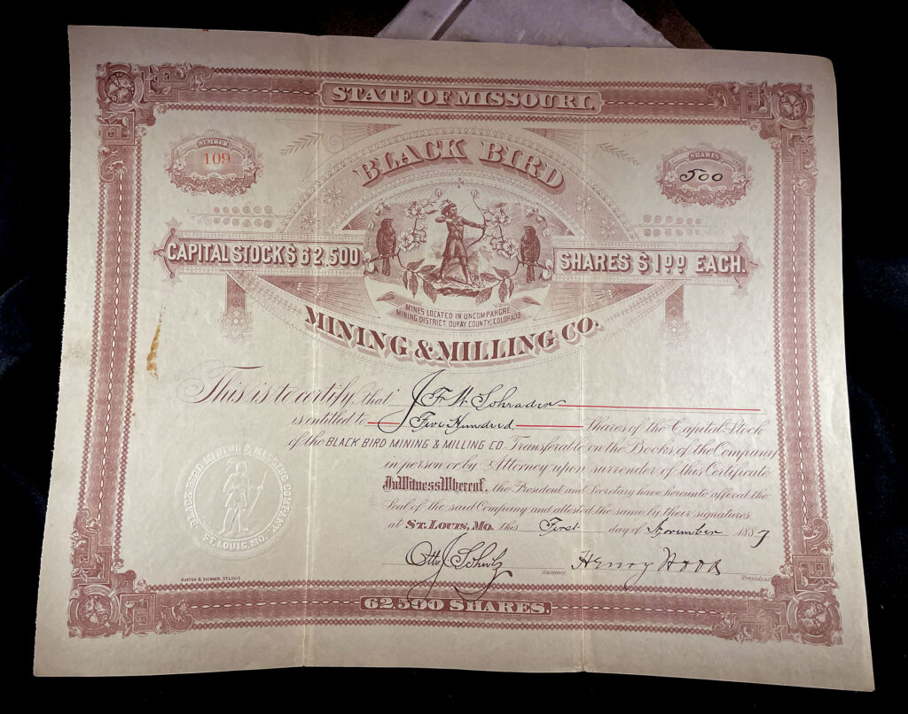 BLACK BIRD MINING & MILLING COMPANY Ouray County Colorado stock certificate 1887