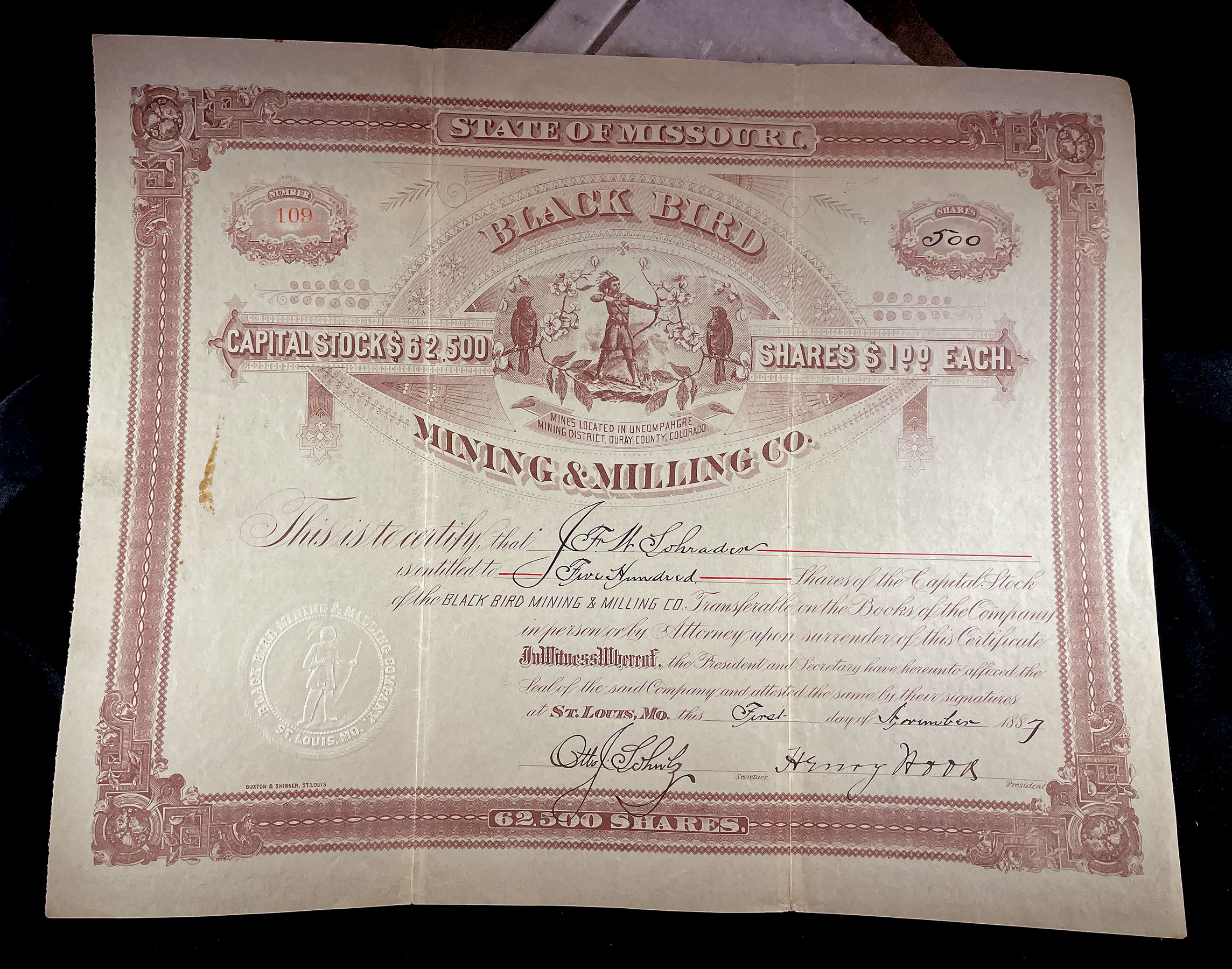 BLACK BIRD MINING & MILLING COMPANY Ouray County Colorado mining stock certificate 1887