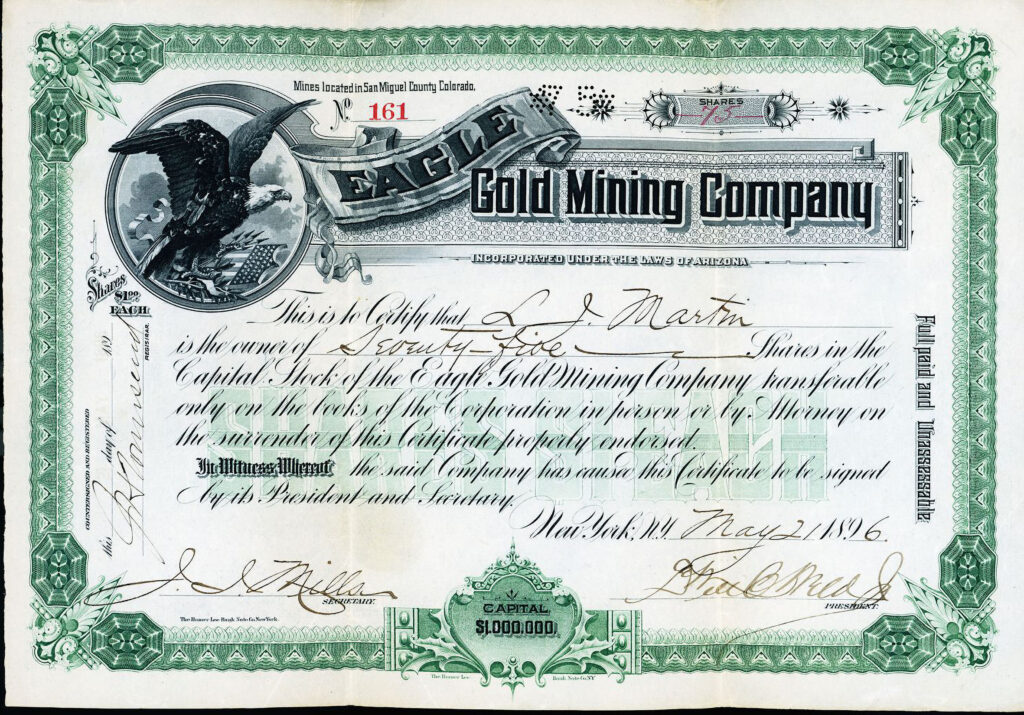 Eagle Gold Mining Company San Miguel County Colorado mining stock certificate 1896