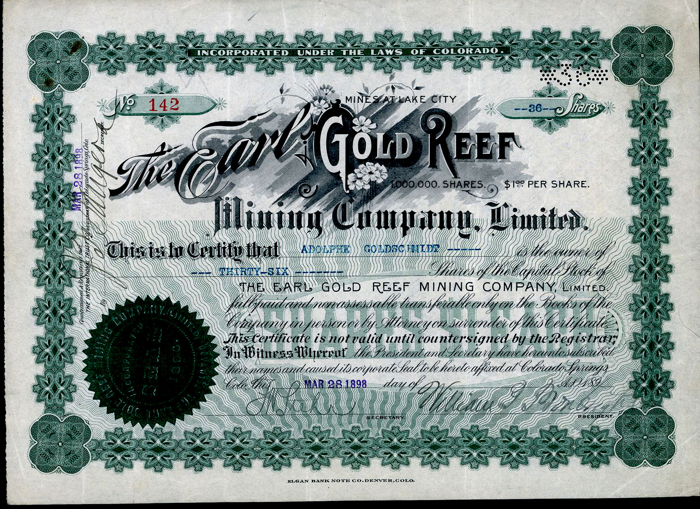 Earl Gold Reef Mining Company Lake City Hinsdale County stock certificate 1898