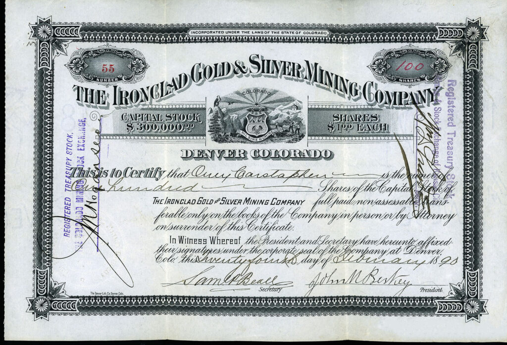 IRONCLAD GOLD & SILVER MINING COMPANY Ouray County Colorado stock certificate 1890