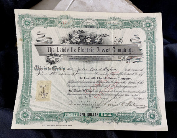 LEADVILLE ELECTRIC POWER COMPANY Prospectus & stock certificate Colorado 1902