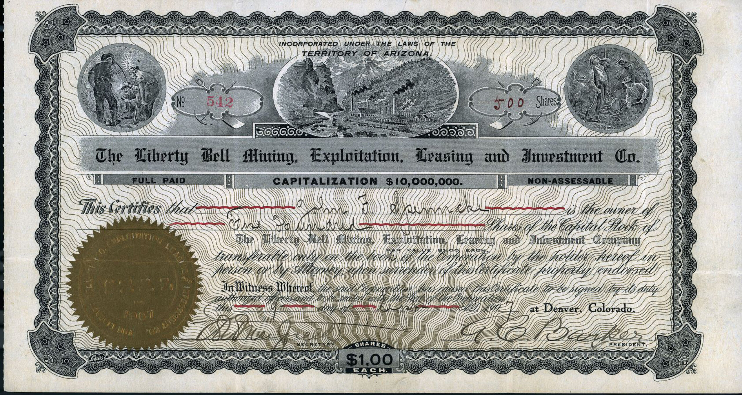 LIBERTY BELL GOLD MINING COMPANY San Miguel County Colorado mining stock certificate 1907
