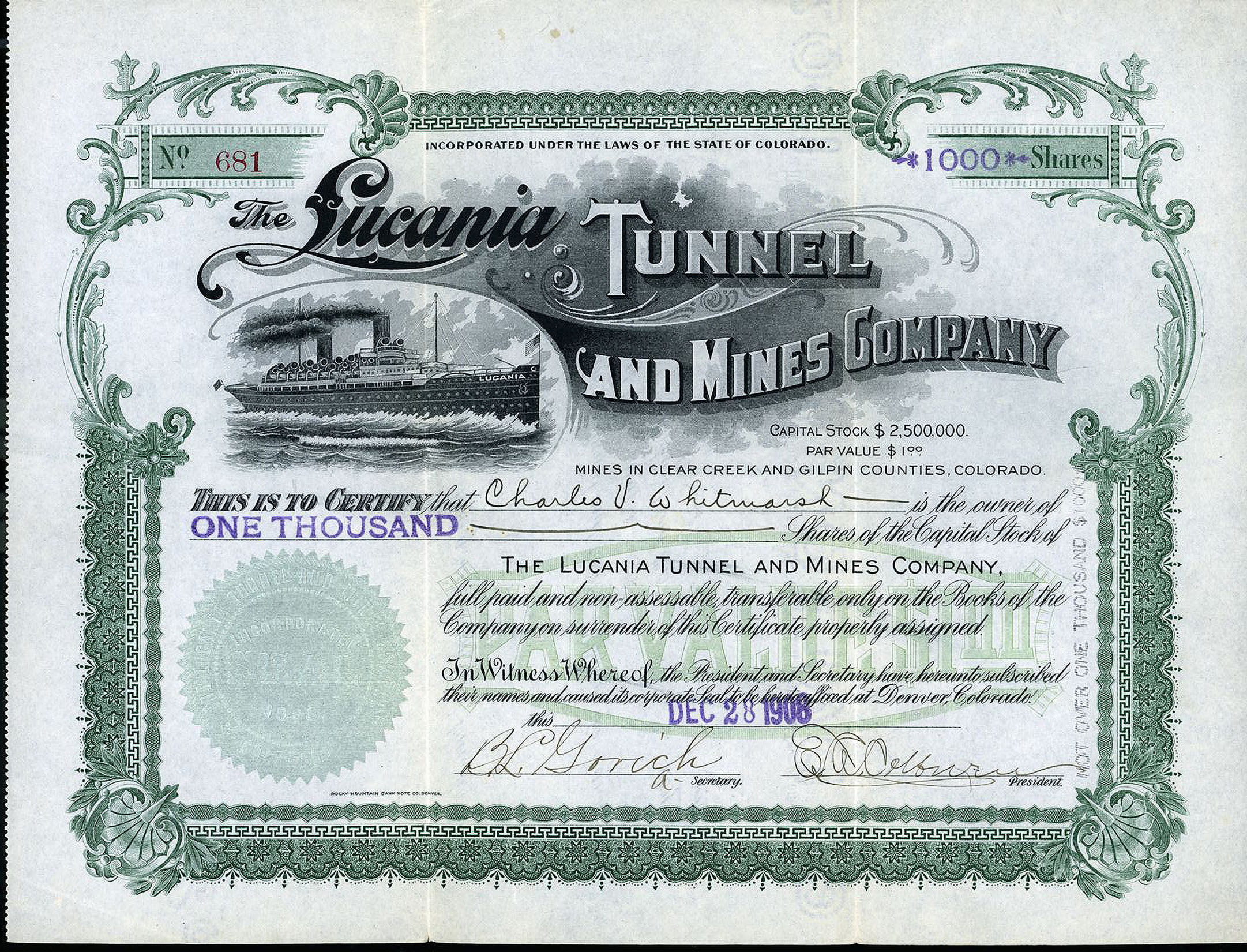 LUCANIA TUNNEL and MINES COMPANY Colorado mining stock certificate 1908