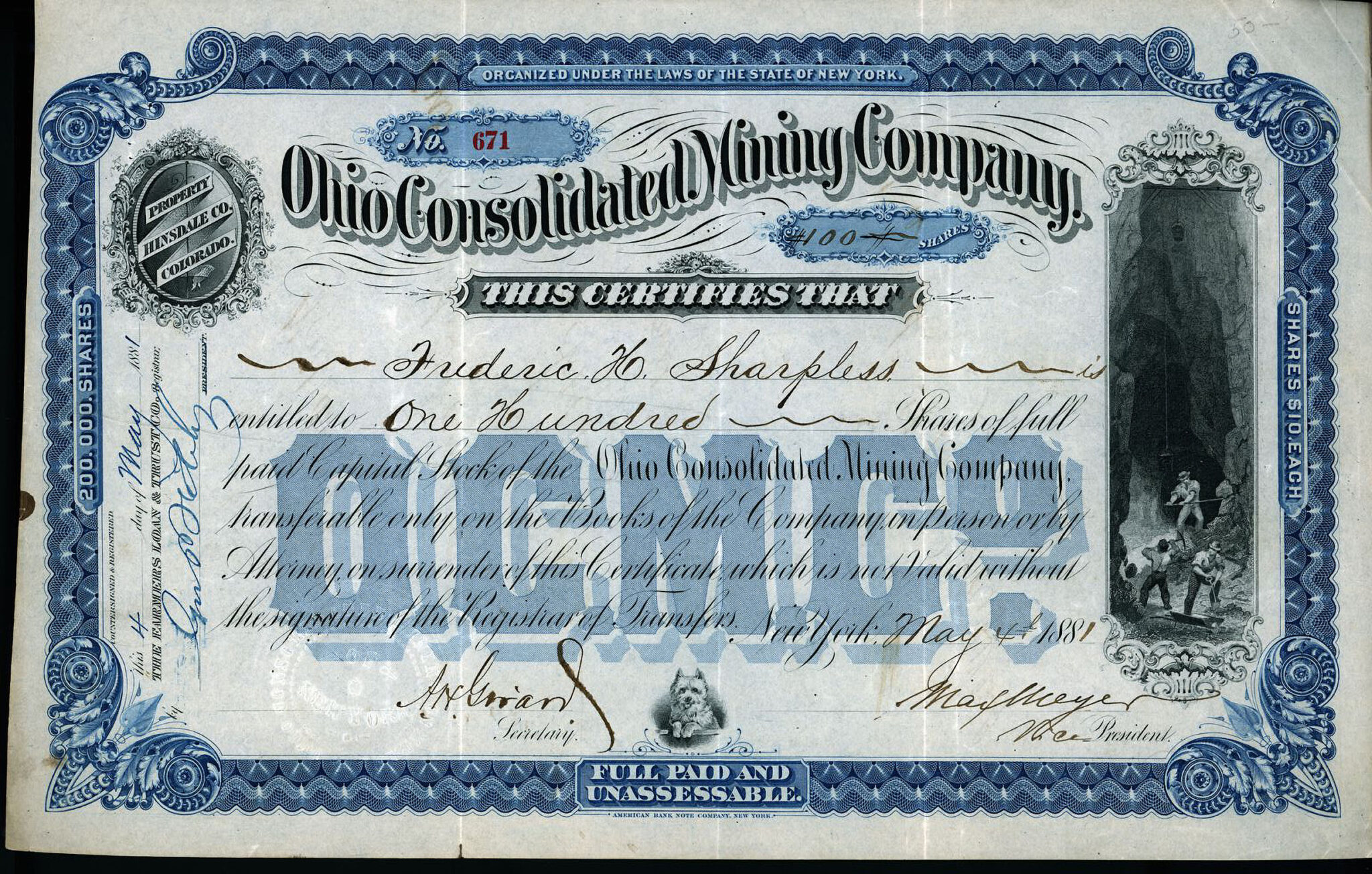 Ohio Consolidated Mining Company Hinsdale County Colorado stock certificate 1881