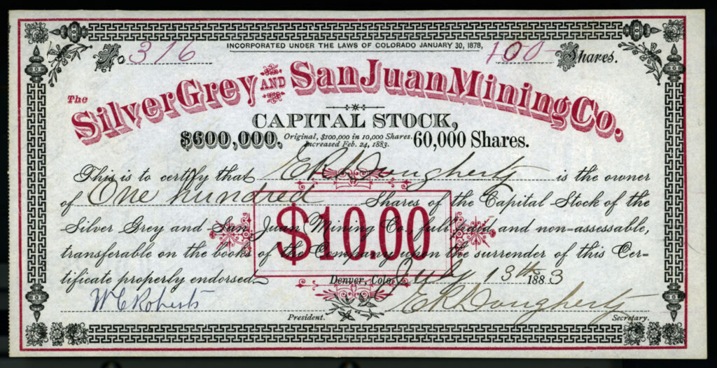 Silvery Grey & San Juan Mining Company Ouray Colorado stock certificate 1883